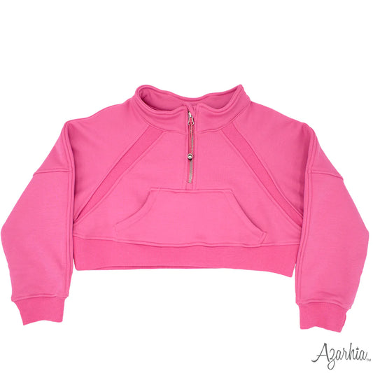 Oversized Crop 1/4 Zip Sweatshirt- Hot Pink
