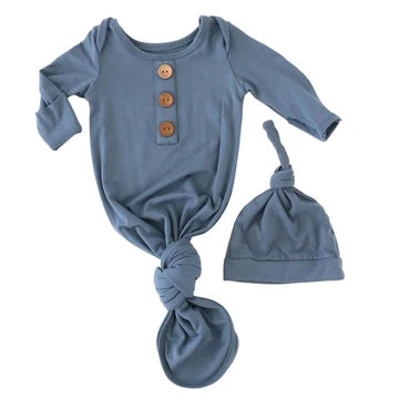 Bamboo Baby Knot Gown & Hat | Solid Dusty Blue