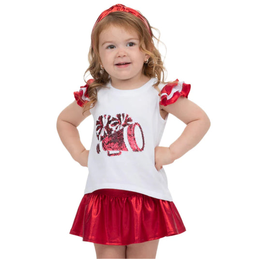 Shimmer Ruffle Sleeve Sequin Cheer- Crimson Game Day