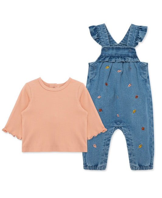 Fall leaves denim overalls with a matching peach ribbed shirt