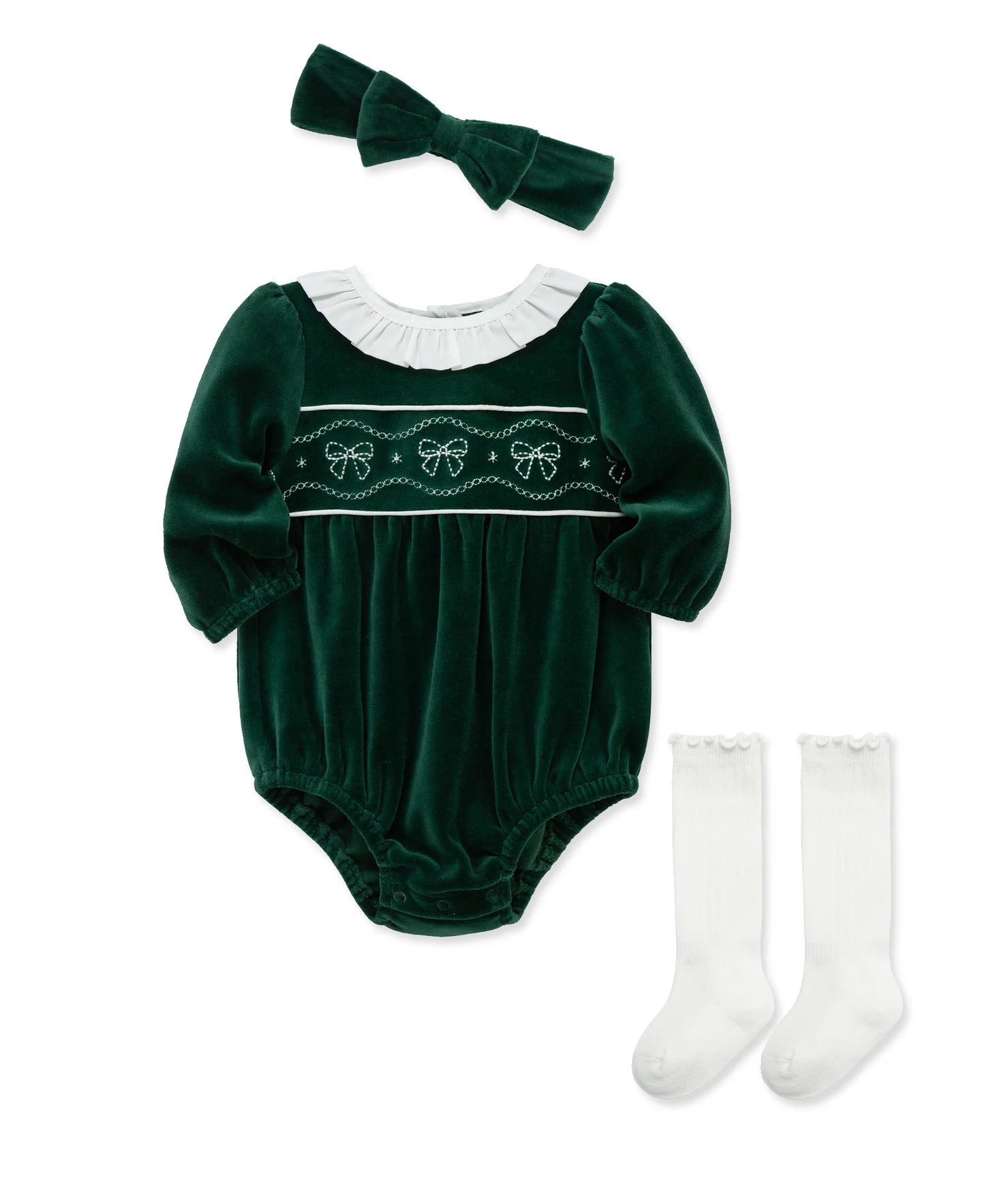 Green Velour Classic bubble romper with embroidered bow design complete with a ruffle collar, matching socks and a headband bow
