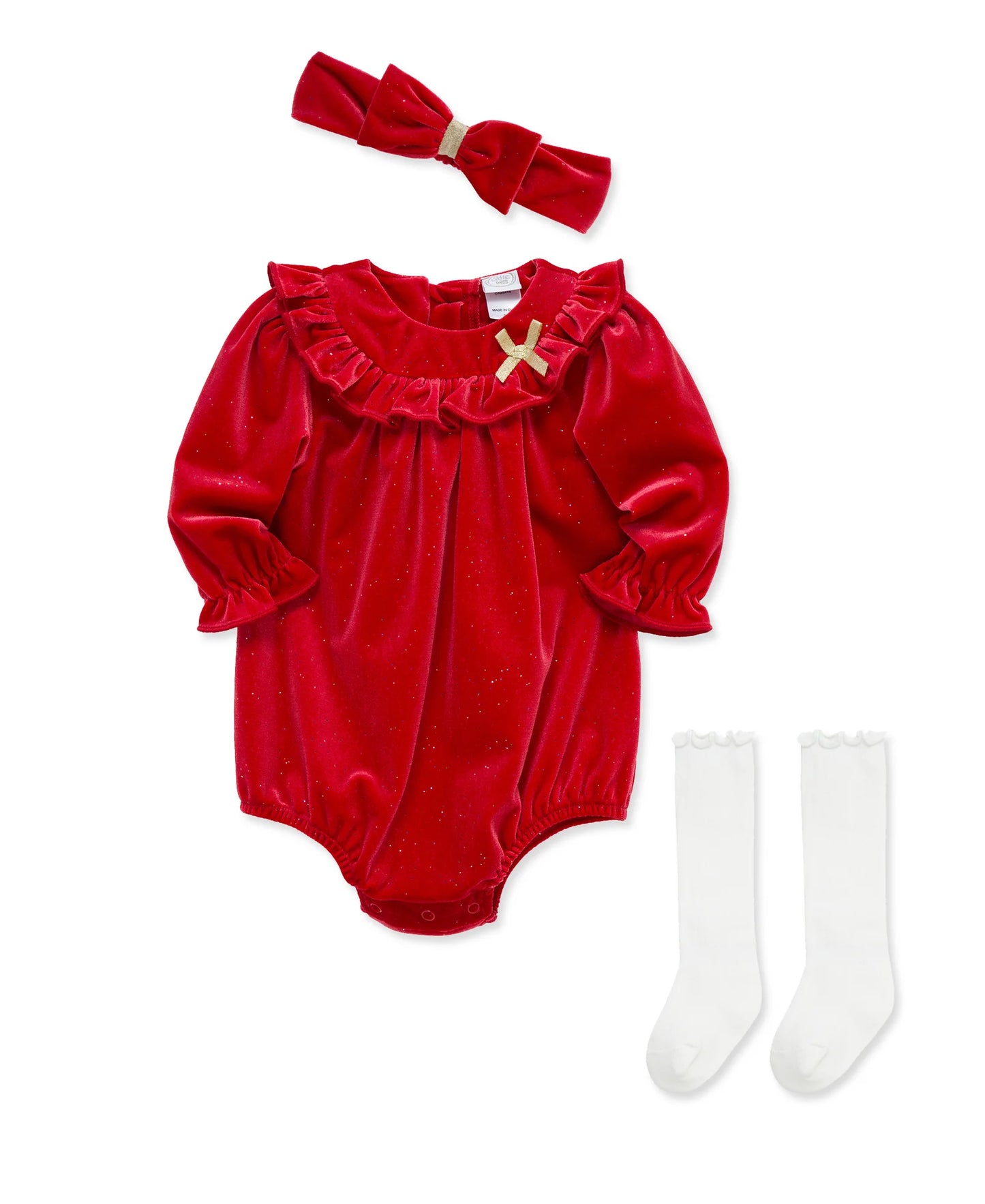 Red velour bubble romper with gold sparkle detail complete with a matching headband bow and white ruffle socks