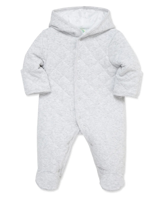 Winter romper with a hood to keep baby warm and stylish with a quilted pattern