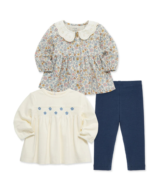 Toddler girl outfit perfect for fall with denim blue leggings and 2 tops to choose from.