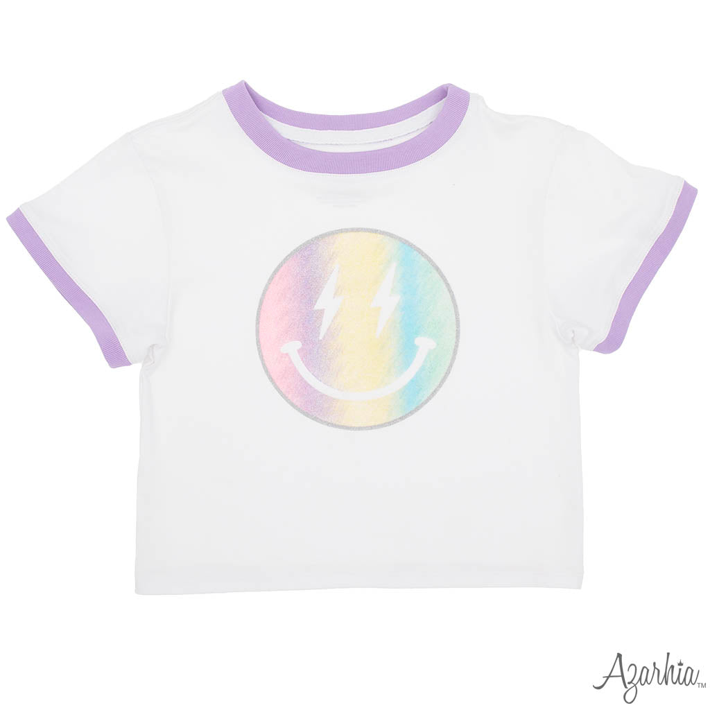 Glitter Pastel Rainbow Smiley Ringer Boxy T