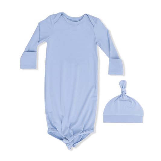 Solid Blue Fog Knotted Gown & Hat Set