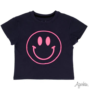 Boxy T With Hot Pink Puff Smiley - Navy