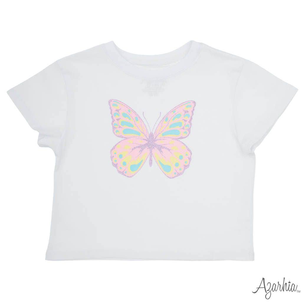 Pretty Butterfly Screen Print With Pink Glitter White Boxy Tee
