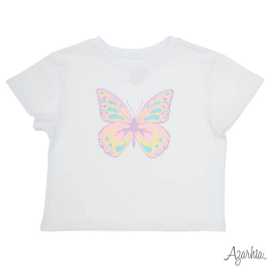 Pretty Butterfly Screen Print With Pink Glitter White Boxy Tee
