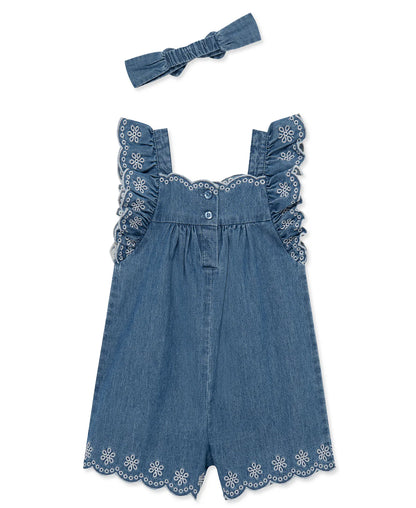 Little Me Chambray Woven Romper & Headband