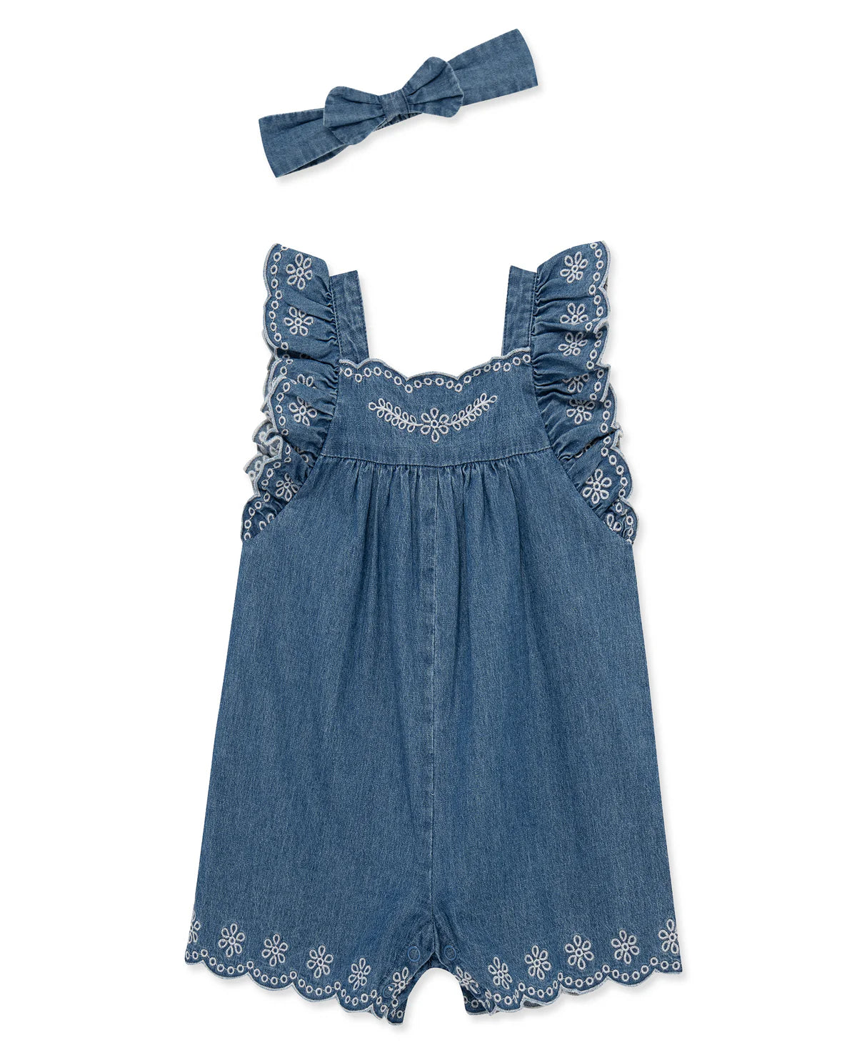 Little Me Chambray Woven Romper & Headband