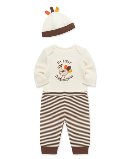 First Thanksgiving outfit for babies complete with a matching bodysuit, leggings and a matching turkey hat