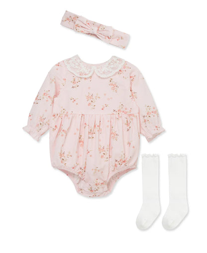 Fall floral girly bubble romper with a lace collar complete with matching socks and a headband bow