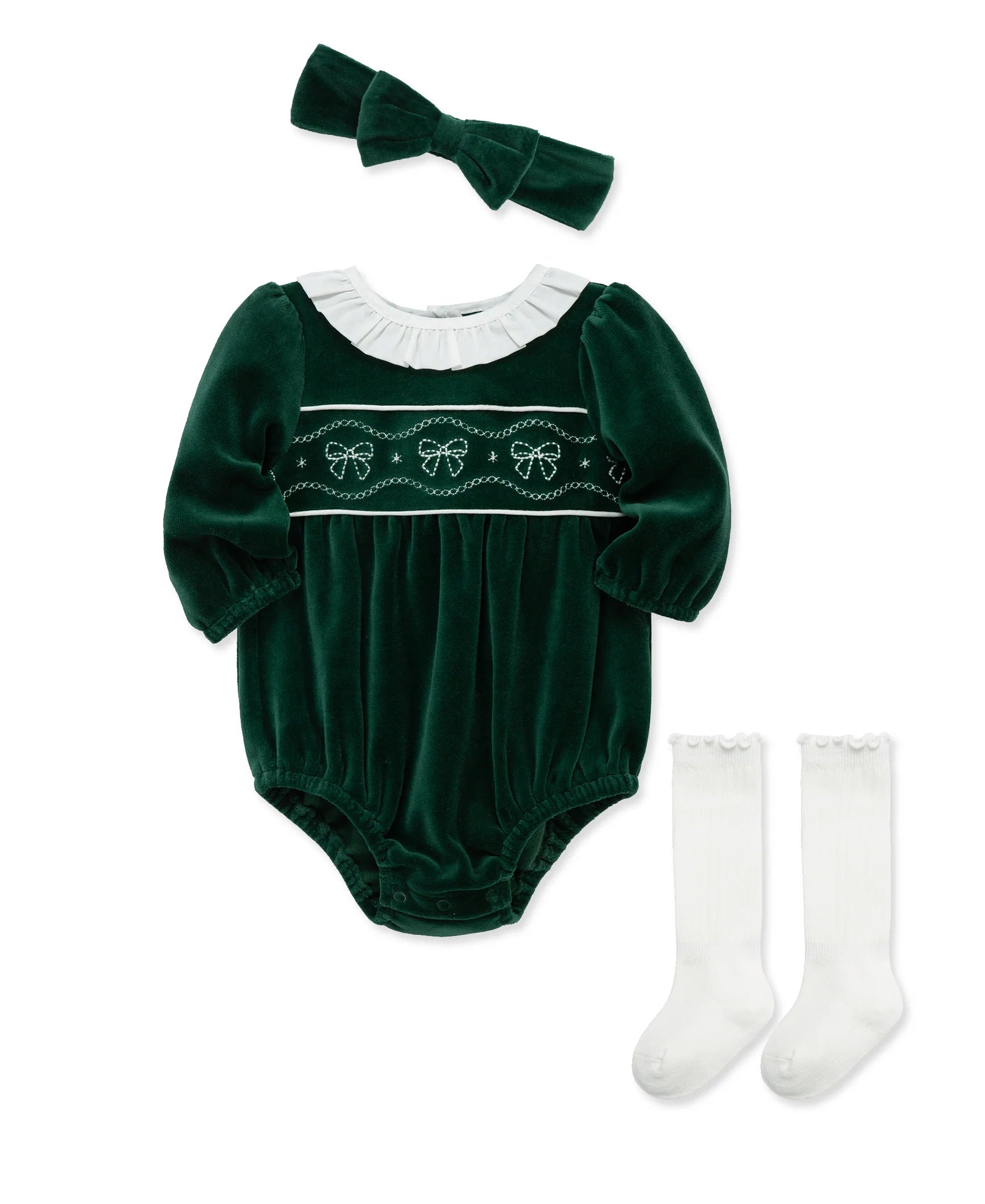 Green Velour Classic bubble romper with embroidered bow design complete with a ruffle collar, matching socks and a headband bow
