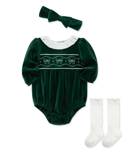Green Velour Classic bubble romper with embroidered bow design complete with a ruffle collar, matching socks and a headband bow