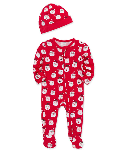 Bamboo footie pajamas with a matching hat for babies with various data Claus faces 