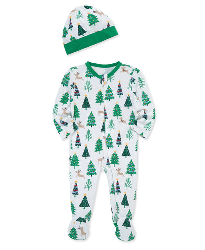 Gender neutral bamboo footie pajamas and a matching hat with trees and deer on them perfect for Christmas