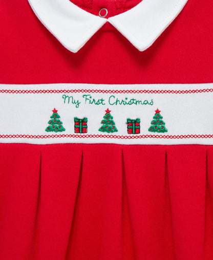 A traditional first Christmas romper for baby boys with a Peter Pan collar and embroidered Christmas theme design