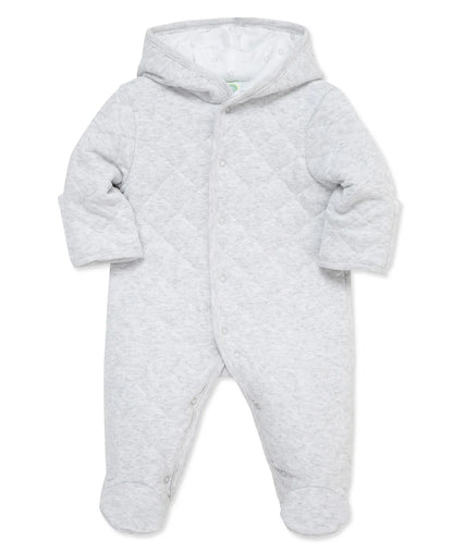 Winter romper with a hood to keep baby warm and stylish with a quilted pattern