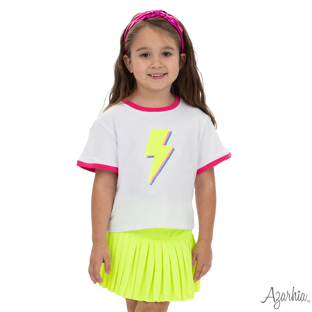 Yellow Sequin Lightening Bolt on Hot Pink Ringer