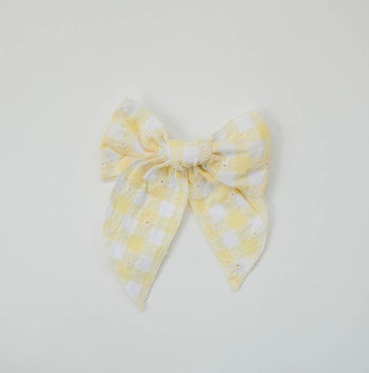 Large Gingham Embroidered Daisy Linen Hairbow